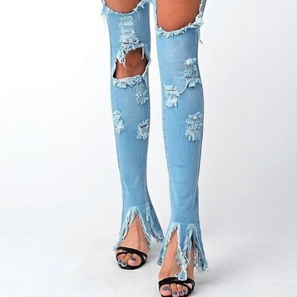 Distressed Denim With Ripped Bell Bottoms - Picture 5 of 8